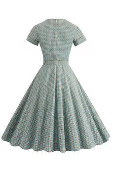 Green Grid A Line Lapel Vintage 1950s Dress with Short Sleeves