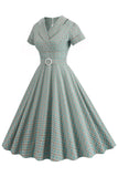 Green Grid A Line Lapel Vintage 1950s Dress with Short Sleeves