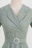 Green Grid A Line Lapel Vintage 1950s Dress with Short Sleeves