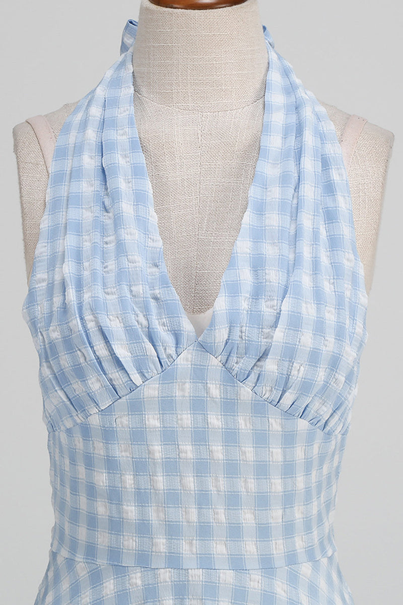 Load image into Gallery viewer, Halter Blue Plaid 1950s Dress With Bow