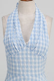 Halter Blue Plaid 1950s Dress With Bow
