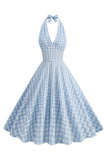 Halter Blue Plaid 1950s Dress With Bow