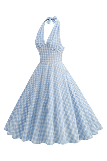 Halter Blue Plaid 1950s Dress With Bow