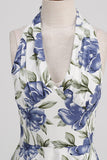 Halter White Blue A Line Floral Printed 1950s Dress