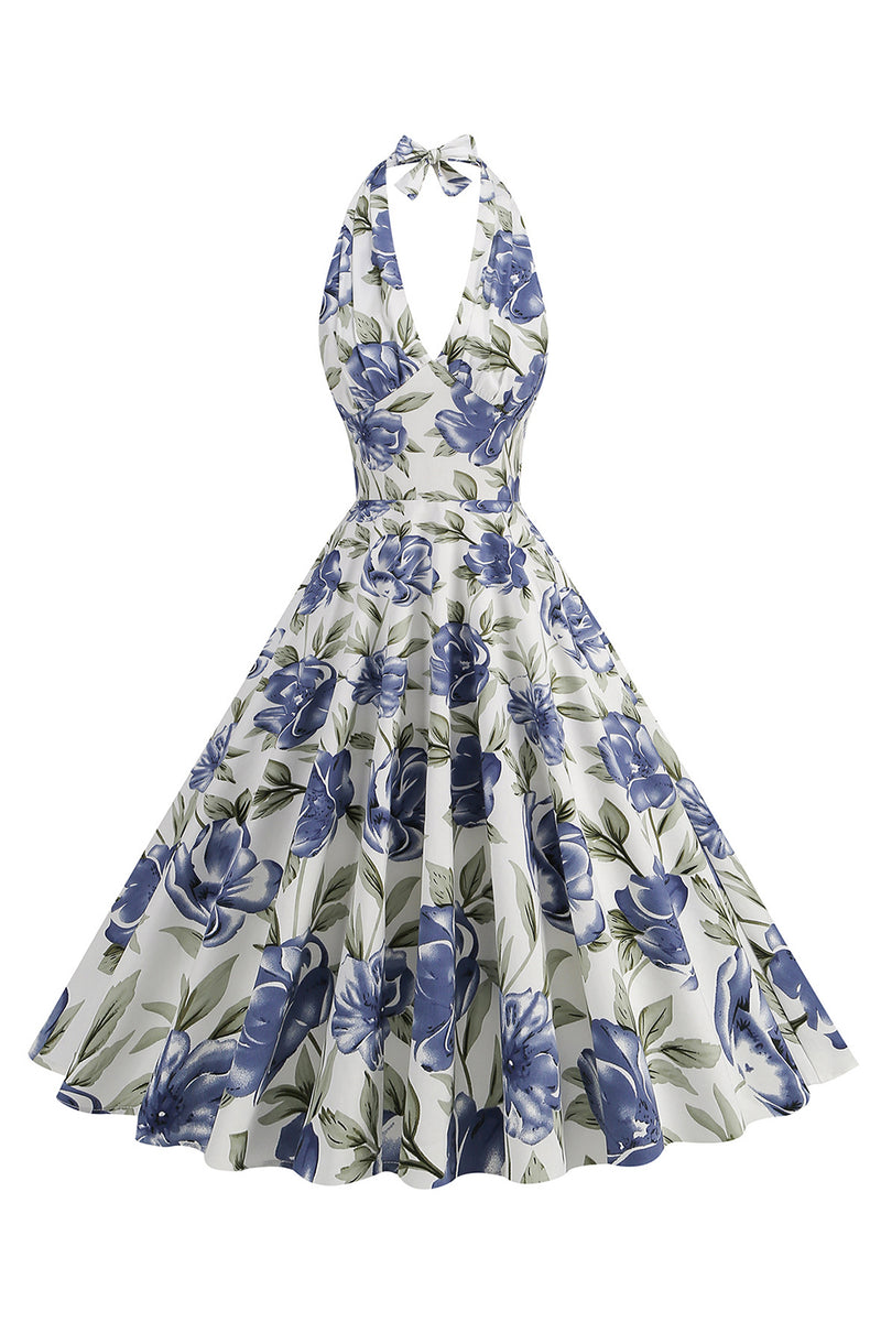 Load image into Gallery viewer, Halter White Blue A Line Floral Printed 1950s Dress