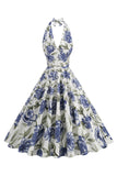 Halter White Blue A Line Floral Printed 1950s Dress