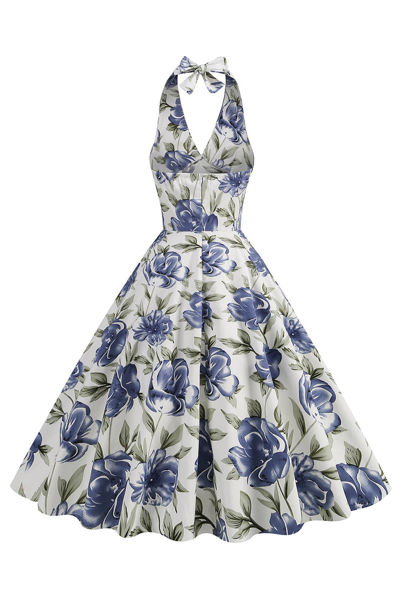 Load image into Gallery viewer, Halter White Blue A Line Floral Printed 1950s Dress