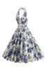 Load image into Gallery viewer, Halter White Blue A Line Floral Printed 1950s Dress