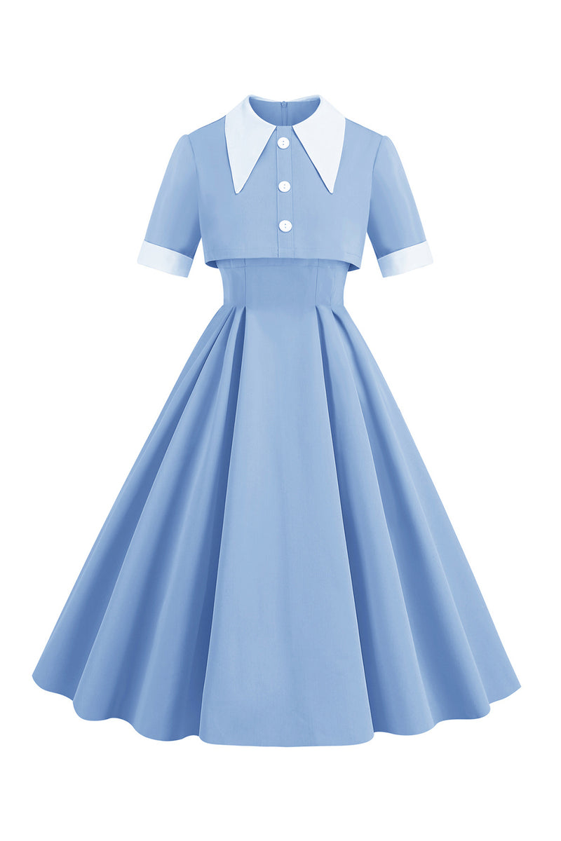 Load image into Gallery viewer, Blue Peter Pan Collar Two Pieces Midi Vintage 1950s Dress With Buttons