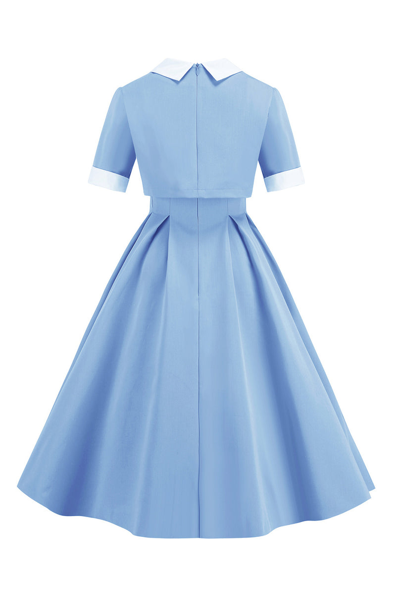 Load image into Gallery viewer, Blue Peter Pan Collar Two Pieces Midi Vintage 1950s Dress With Buttons