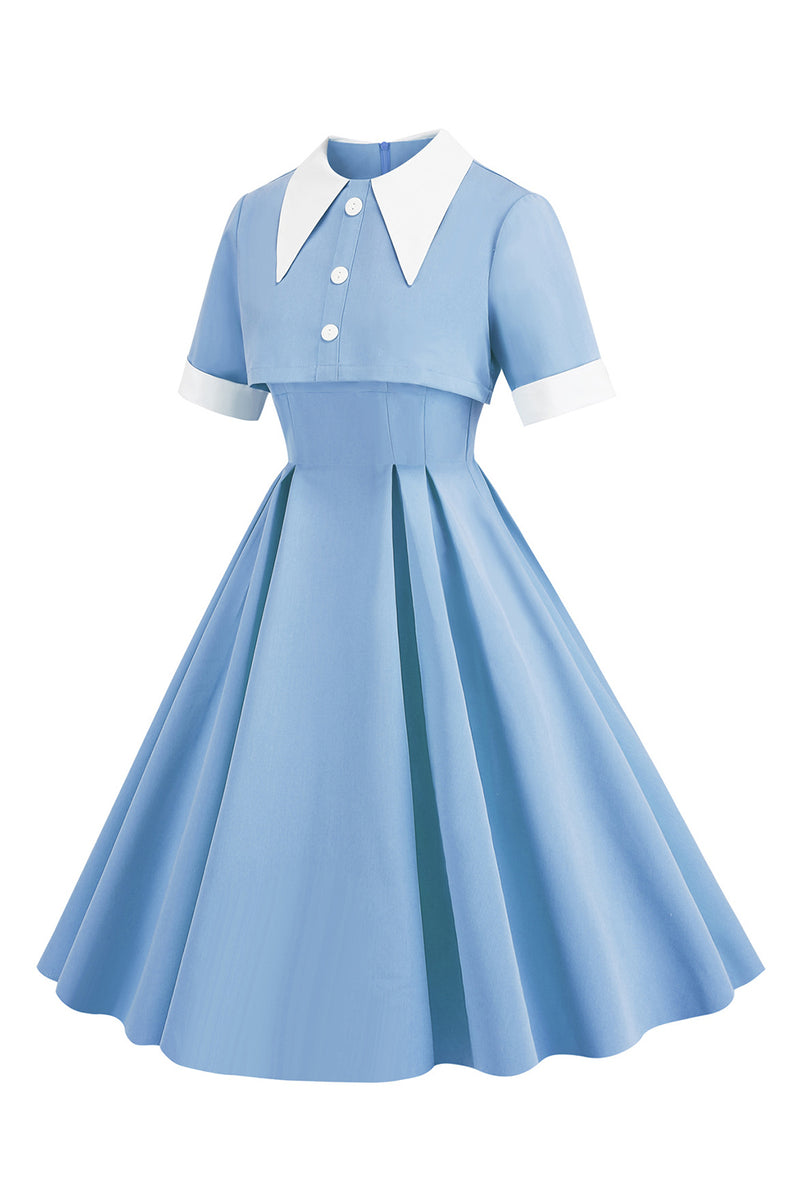 Load image into Gallery viewer, Blue Peter Pan Collar Two Pieces Midi Vintage 1950s Dress With Buttons