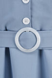 Blue A Line Lapel Vintage 1950s Dress With Buttons