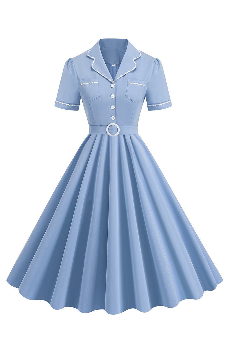 Load image into Gallery viewer, Blue A Line Lapel Vintage 1950s Dress With Buttons