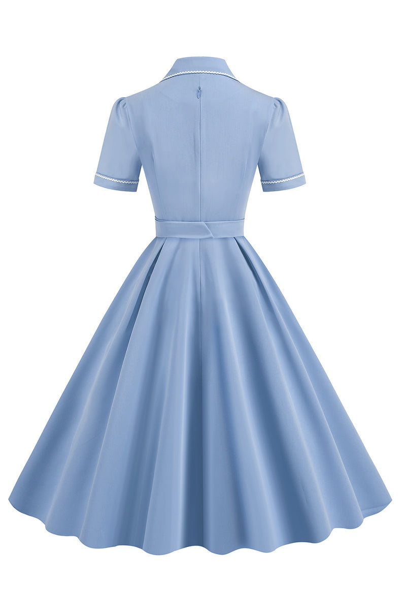 Load image into Gallery viewer, Blue A Line Lapel Vintage 1950s Dress With Buttons