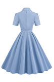 Blue A Line Lapel Vintage 1950s Dress With Buttons