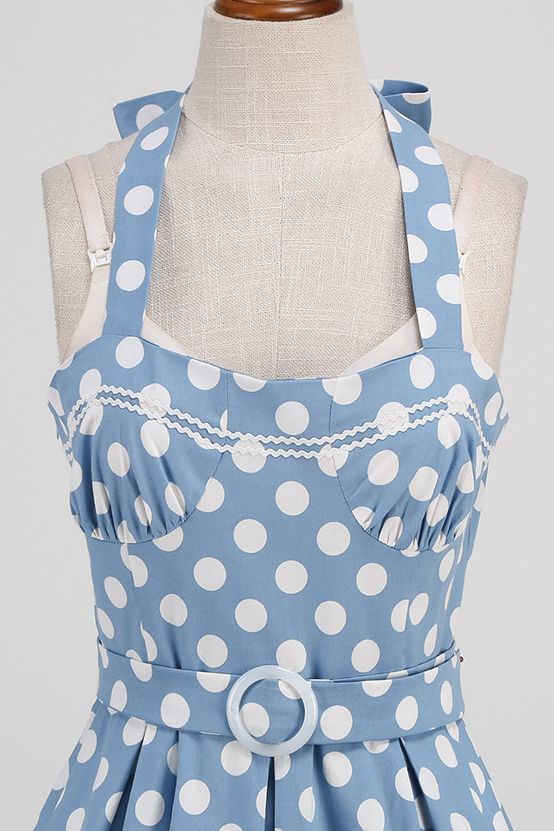 Load image into Gallery viewer, A Line Blue Polka Dots Vintage 1950s Dress With Belt