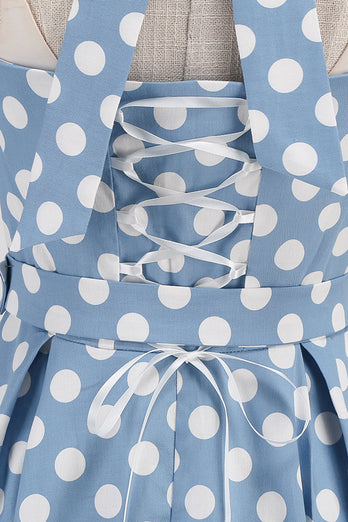 A Line Blue Polka Dots Vintage 1950s Dress With Belt