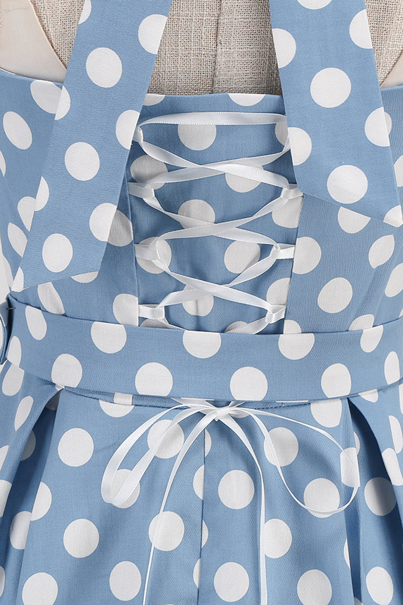 Load image into Gallery viewer, A Line Blue Polka Dots Vintage 1950s Dress With Belt