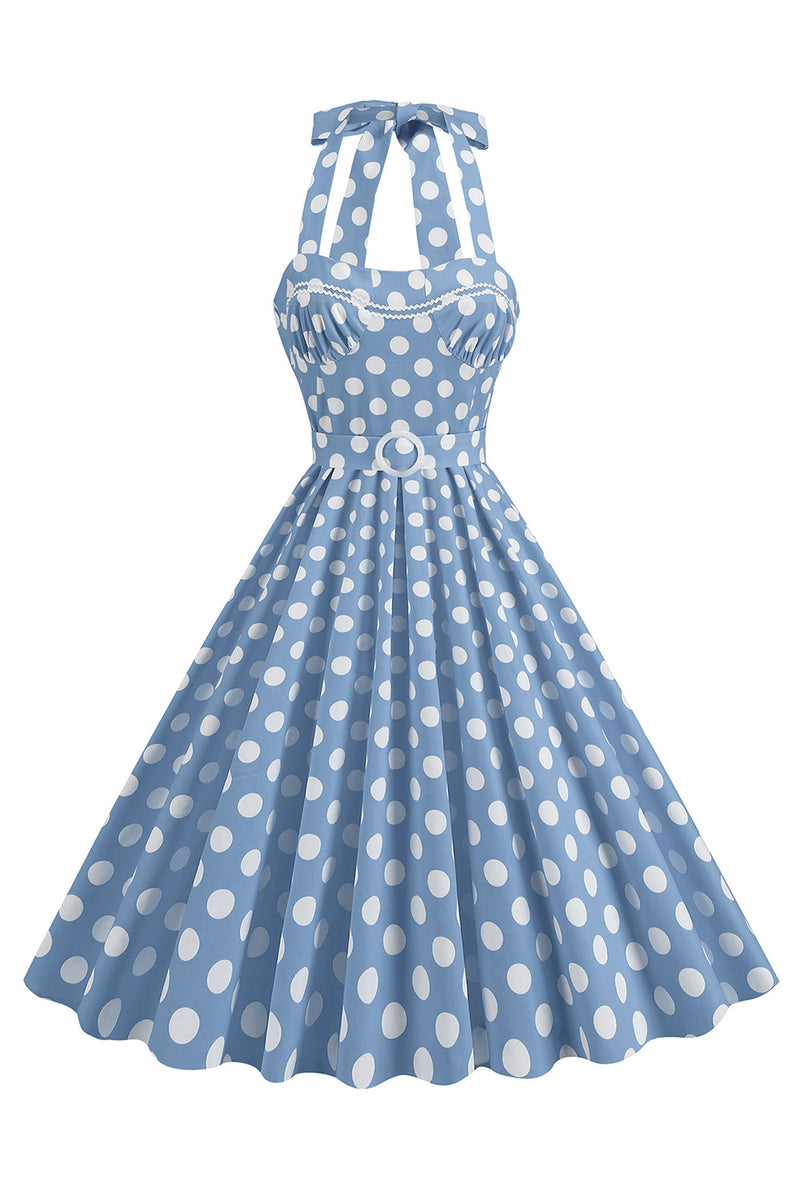 Load image into Gallery viewer, A Line Blue Polka Dots Vintage 1950s Dress With Belt