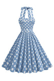 A Line Blue Polka Dots Vintage 1950s Dress With Belt
