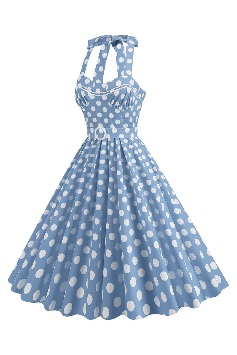 Load image into Gallery viewer, A Line Blue Polka Dots Vintage 1950s Dress With Belt