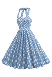 A Line Blue Polka Dots Vintage 1950s Dress With Belt
