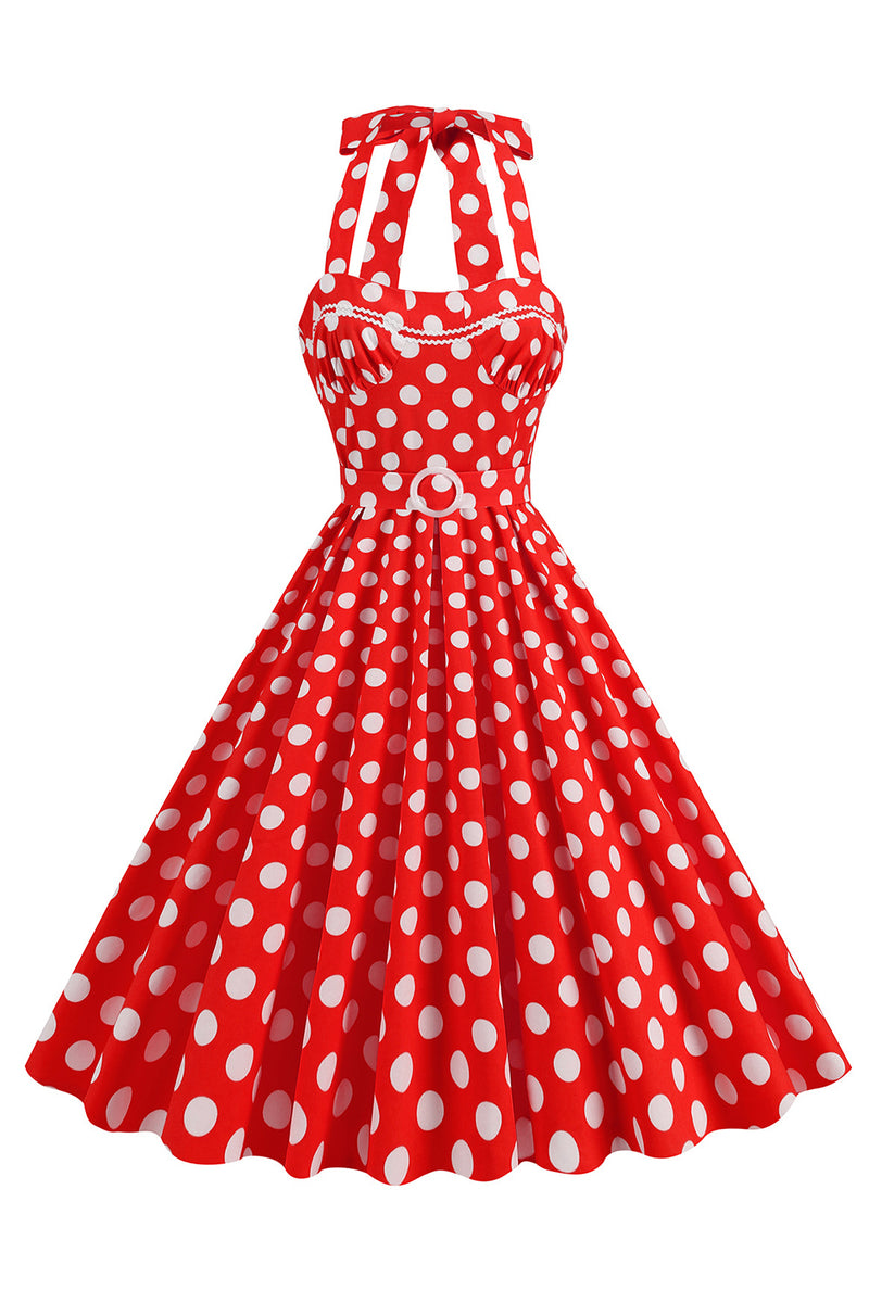 Load image into Gallery viewer, A Line Blue Polka Dots Vintage 1950s Dress With Belt