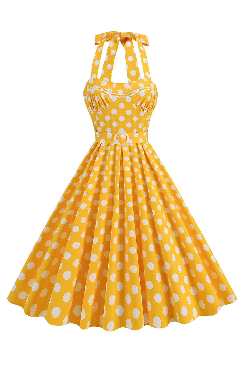 Load image into Gallery viewer, A Line Blue Polka Dots Vintage 1950s Dress With Belt