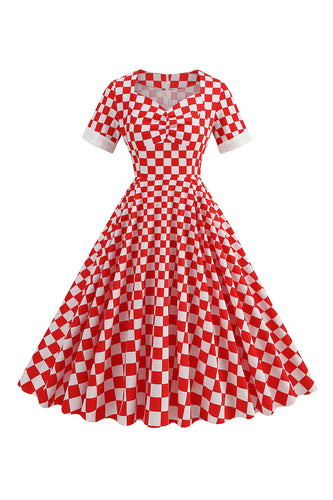 A Line Red Plaid Vintage 1950s Dress with Short Sleeves