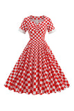 A Line Red Plaid Vintage 1950s Dress with Short Sleeves
