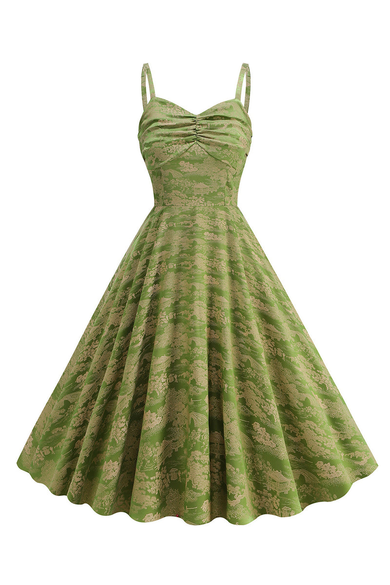 Load image into Gallery viewer, A Line Army Green Spaghetti Straps Printed Vintage 1950s Dress