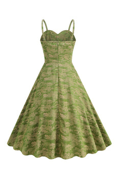 A Line Army Green Spaghetti Straps Printed Vintage 1950s Dress