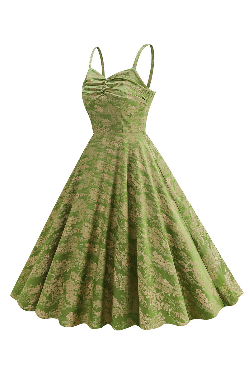 Load image into Gallery viewer, A Line Army Green Spaghetti Straps Printed Vintage 1950s Dress