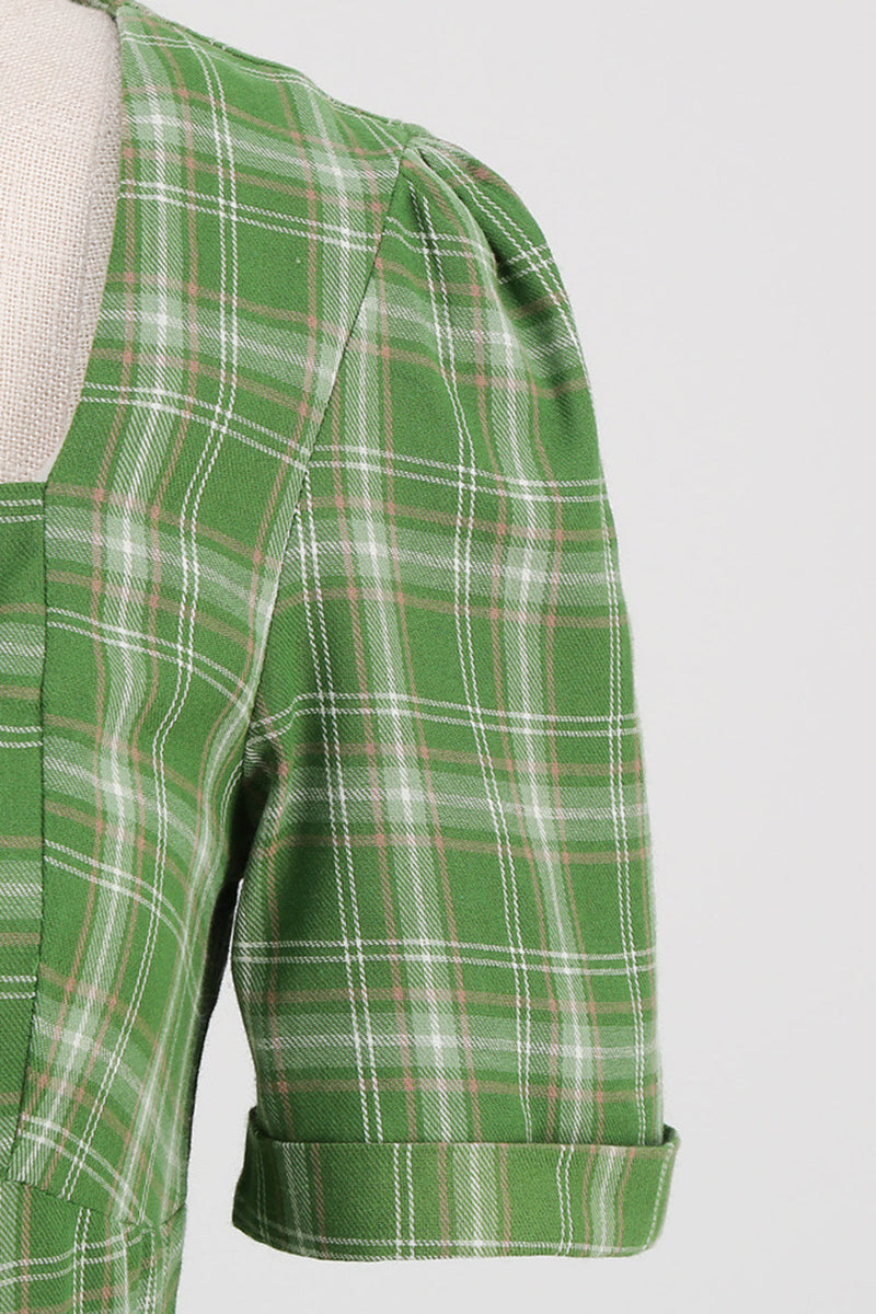 Load image into Gallery viewer, Green Bowknot Short Sleeves Plaid 1950s Vintage Dress