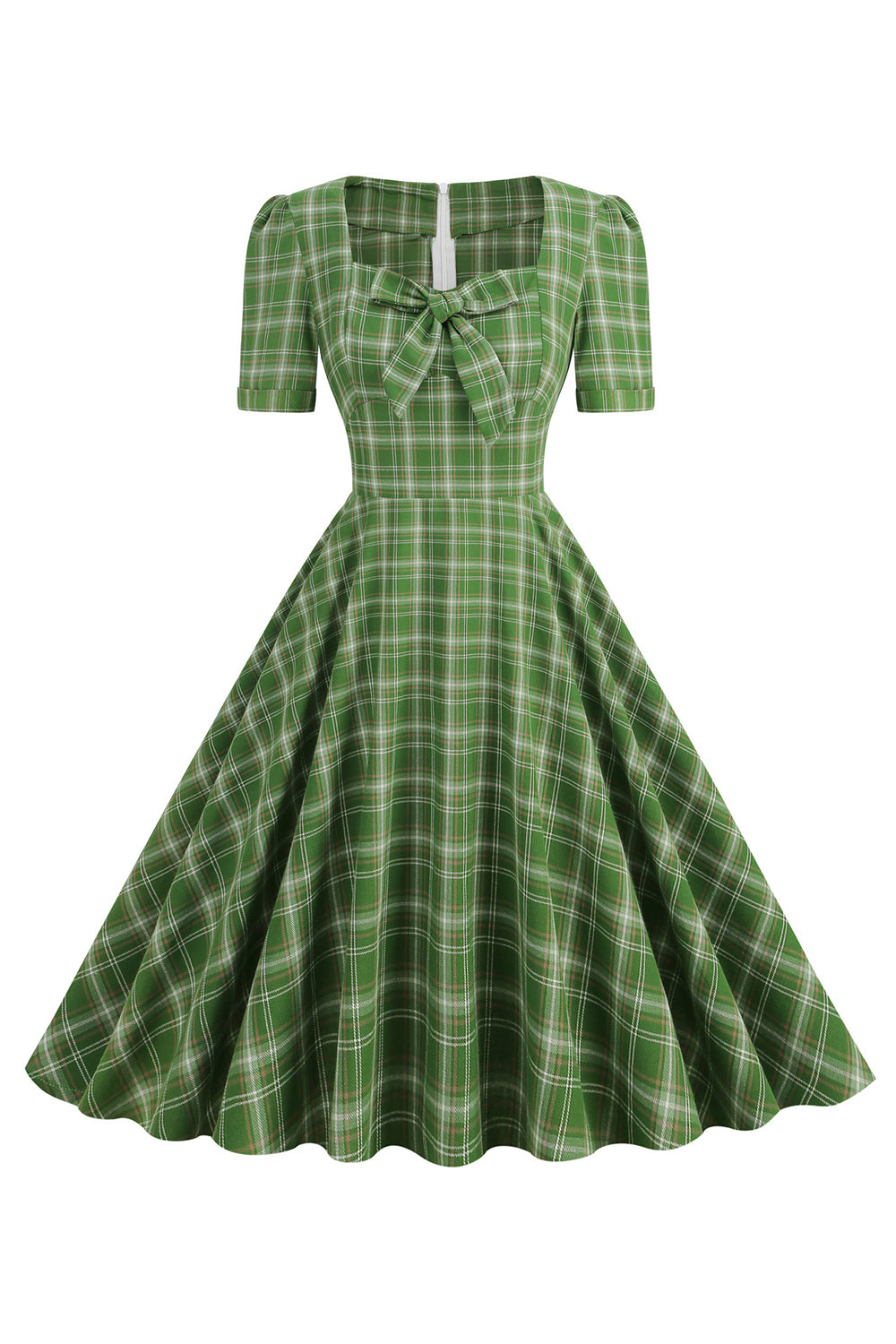 Green Bowknot Short Sleeves Plaid 1950s Vintage Dress