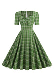 Green Bowknot Short Sleeves Plaid 1950s Vintage Dress