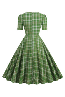 Green Bowknot Short Sleeves Plaid 1950s Vintage Dress