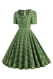 Green Bowknot Short Sleeves Plaid 1950s Vintage Dress