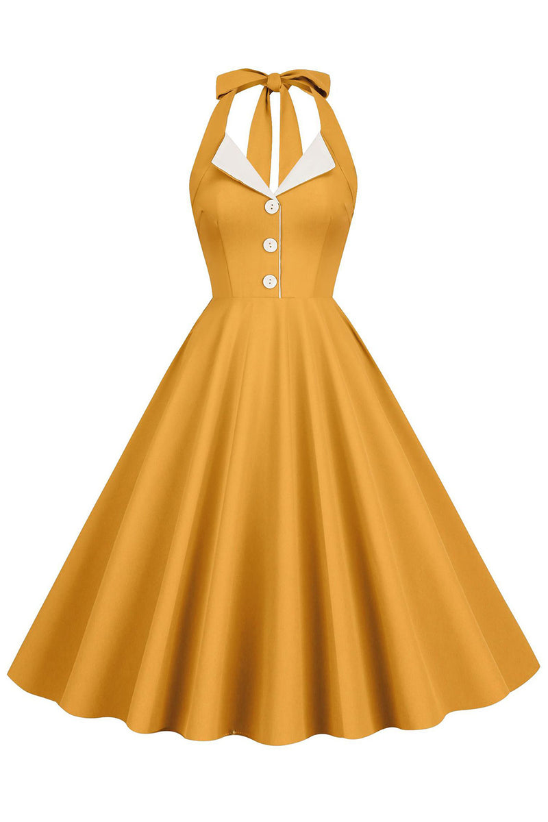 Load image into Gallery viewer, Halter Yellow A-Line Pleated Vintage Dress