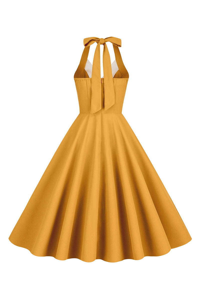 Load image into Gallery viewer, Halter Yellow A-Line Pleated Vintage Dress