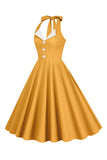 Halter Yellow A-Line Pleated Vintage Dress