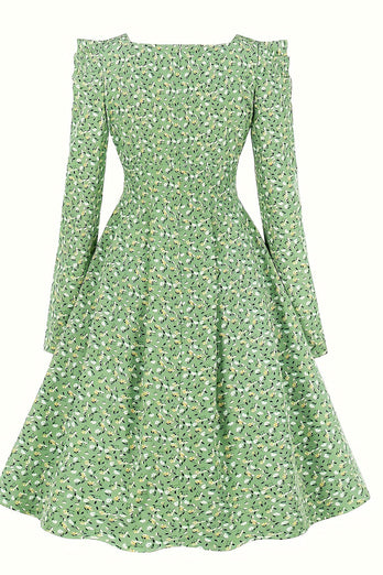 A Line Square Neck Green Vintage Dress with Long Sleeves