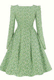 A Line Square Neck Green Vintage Dress with Long Sleeves
