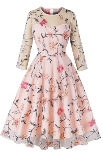 Blush A-Line Round Neck Flower Printed 1950s Dress with Sleeves