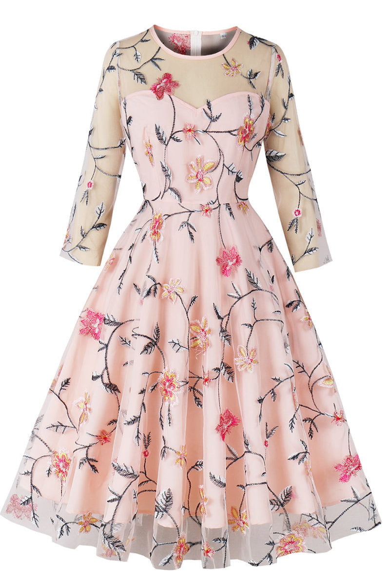 Load image into Gallery viewer, Blush A-Line Round Neck Flower Printed 1950s Dress with Sleeves