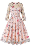 Blush A-Line Round Neck Flower Printed 1950s Dress with Sleeves