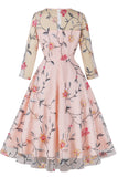 Blush A-Line Round Neck Flower Printed 1950s Dress with Sleeves