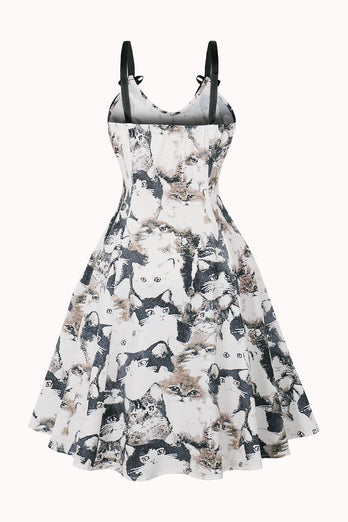 Black A-Line Pin Up Vintage Dress with Cat Pattern