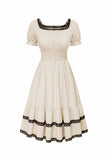 Apricot A-Line Square Neck Vintage Dress with Short Sleeves