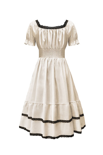 Apricot A-Line Square Neck Vintage Dress with Short Sleeves